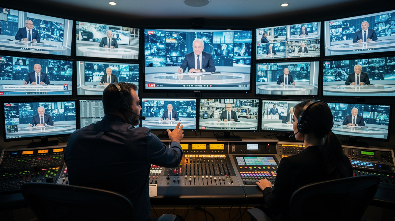 TV broadcast control room with monitors during live crisis simulation
